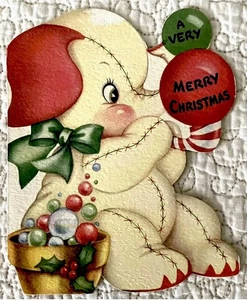 Vintage Weihnachten Elefant Kugeln Blasen grüne Schleife Grußkarte 40er 50er Jahre - Bild 1 von 3