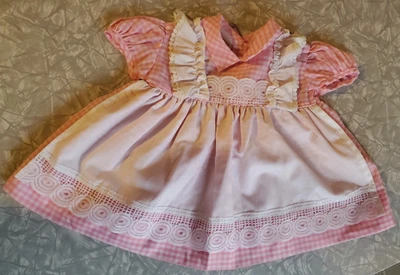 Vintage Baby Dress Pink Gingham Pinafore Lace Embroidered 1980s Country - Image 1 of 4