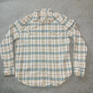 Lucky Brand Mens Large Long Sleeve Pearl Snap Beige Blue Plaid Check Western  - Picture 1 of 6