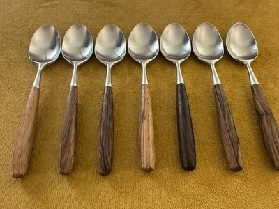 (7) Towle Lauffer Norway Palisander Stainless wood TEASPOONS  MCM - Image 1 of 4