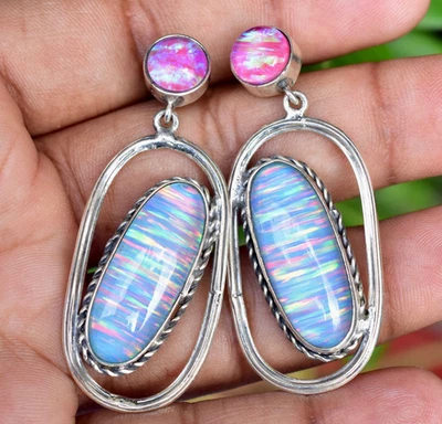 Orecchini Da Donna In Argento Sterling 925 Con Opale Bianco Fuoco Ovale 66 Ct - Immagine 1 di 4