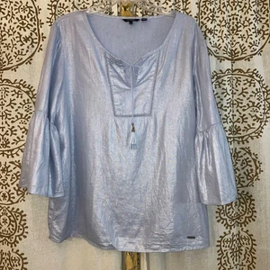 Ellen Tracy Women's Large L Blue Metallic Shimmer Linen Blouse Shirt Top Classy - Bild 1 von 7