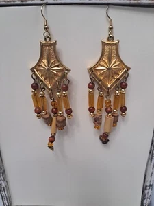 Gold Tone Art Deco Style Sunburst  Dangle  Glass-Wooden Beads Vintage 70s MCM - Picture 1 of 7