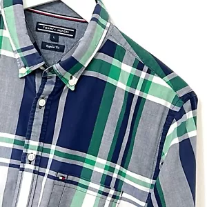 Tommy Hilfiger Shirt Size Large L Long Sleeve Mens Blue White Plaid Regular Fit - Picture 1 of 10