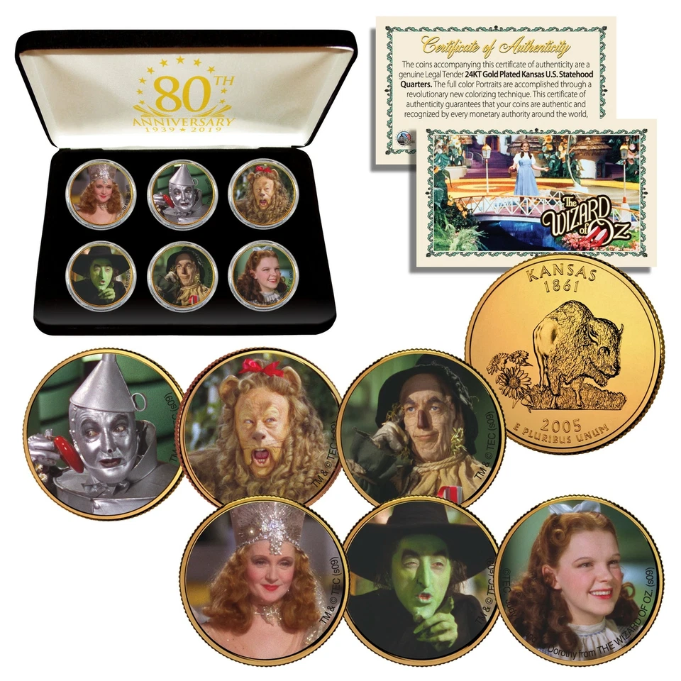 WIZARD OF OZ Kansas Cuartos de galón revestido de oro 24K juego de 6 monedas con caja de fieltro de regalo de exhibición Foto 1 de 1
