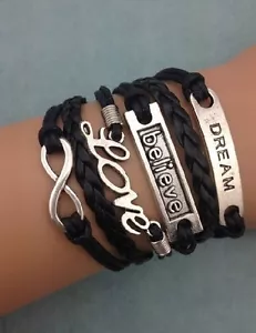 Lederarmband Armband Dream, Believe, Love Aufschrift und Unendlichkeitszeichen - Bild 1 von 3
