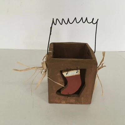 Primitive style decorative box wood with wire handle christmas stocking front - Image 1 of 4
