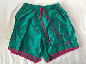 RARE Vintage Umbro Nylon Shorts Soccer, Swim - Adult S, Green w/ Pink Pattern - Picture 1 of 2