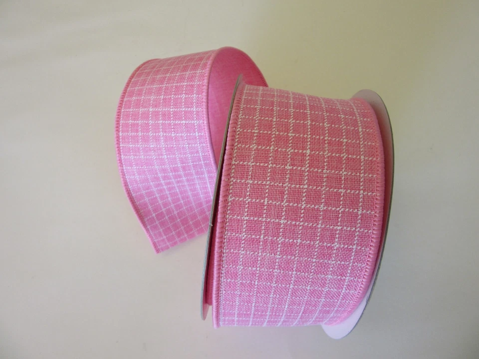 Pink Gingham Wire Edge Ribbon 2 1/2" x 10 yards Farrisilk Spring Easter Wreaths - Image 1 of 1