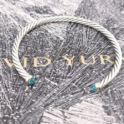 David Yurman Sterling Silver & 14k Gold 4mm Flex Blue Topaz Cable Bracelet 7inch - Image 1 of 4