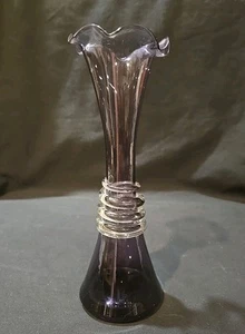 Vintage Amethyst Art Glass Vase w/Applied Spiral Hand Blown 8" - Picture 1 of 11