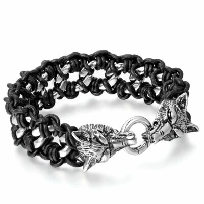 Pulseira de corrente cubana grande pesada masculina cabeça de lobo com couro trançado genuíno preto - Imagem 1 de 4