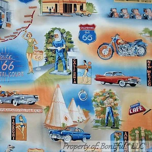 BonEful Fabric FQ Cotton Quilt Blue Red White Route 66 DINER Travel America USA - Picture 1 of 8