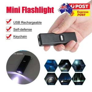LED Torch Lamp USB Rechargeable Pocket Mini Keychain Keyring Stun Tool - Picture 1 of 16