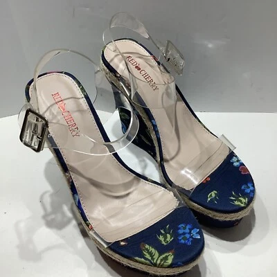 红色樱桃花卉印花透明帆布鞋楔形凉鞋女式鞋 7M 码全新 — 第 1/4 张图片