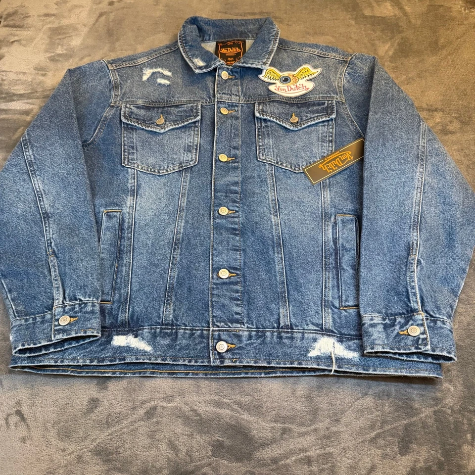 Chaqueta de mezclilla Von Dutch azul parche envejecido logotipo abotonado para hombre grande nueva con etiquetas Foto 1 de 4