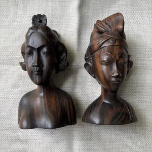 Vintage Carved Bust of Man & Woman Bali Indonesia Wood Carving 13cm High - Picture 1 of 9