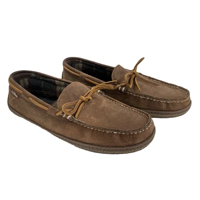 LL Bean Handsewn 212164 Men’s 10 M Leather Flannel Lined Moccasin Slippers Brown - Image 1 of 4