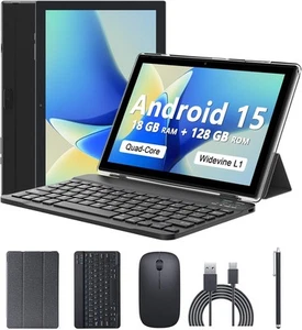 Android 15 Tablet 10 Inch, 18GB RAM+128GB ROM/2TB Expandable, 2 in 1 Black - Picture 1 of 9