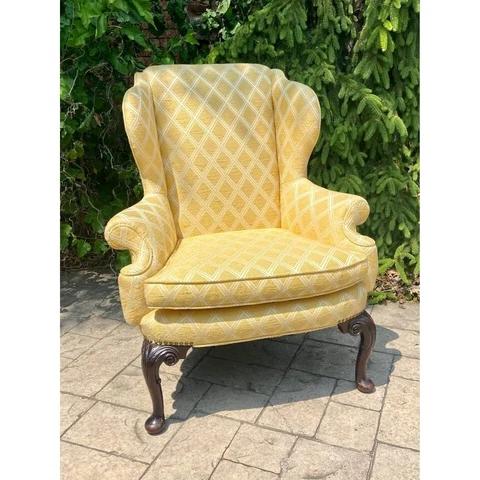 Vintage Upholstery Yellow Wingback Chair Queen Anne Style Cover