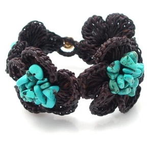 Unique Crochet Floral Blooms Turquoise Stones Handmade Bracelet - Picture 1 of 3