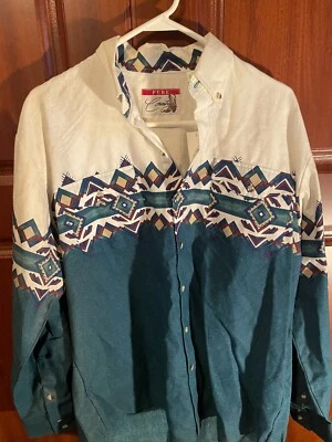 Camisa Azteca Vintage Pure Country Blanca y Verde Azulado Manga Larga Talla Mediana con Etiquetas Foto 1 de 4