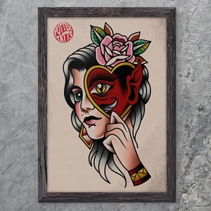 Traditional Lady Devil Head - Old School Traditional Flash Tattoo Kunstdruck - Bild 1 von 3