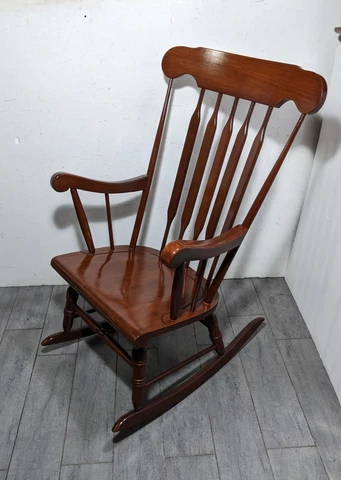 Vintage Slovenia Rustic Farmhouse Cherry Wood Rocking Chair - Colonial Windsor Cover