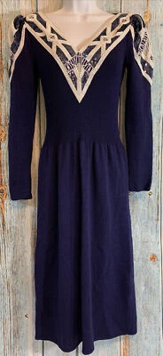 Vintage Pat Sandler for Wellmore Sweater Dress Size 6 Blue Sequin Embellished - Image 1 of 4