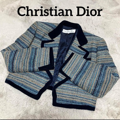Autentica giacca corta Christian Dior vintage blu lana cotone multicolore taglia L