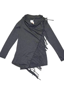 NWT Womens Fringe Hem Long Sleeve Gray Cardigan Poncho Sweater Wrap - Picture 1 of 8