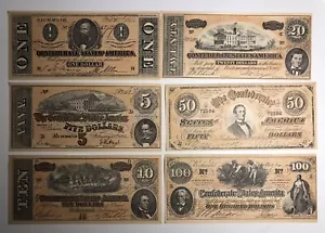 US Confederate Dollars RICHMOND Facsimile (1864) $1, $5, $10,$20,$50;(1862) $100 - Picture 1 of 11