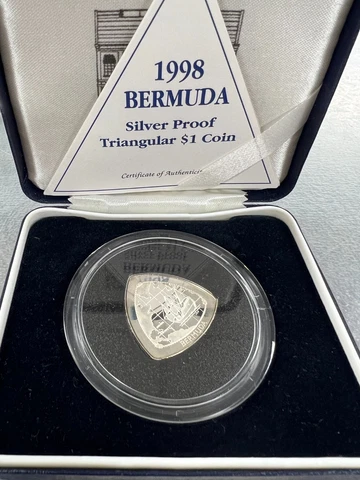 1998 Silver Proof Bermuda Triangular $1 Coin with COA in Original Display Case Cover