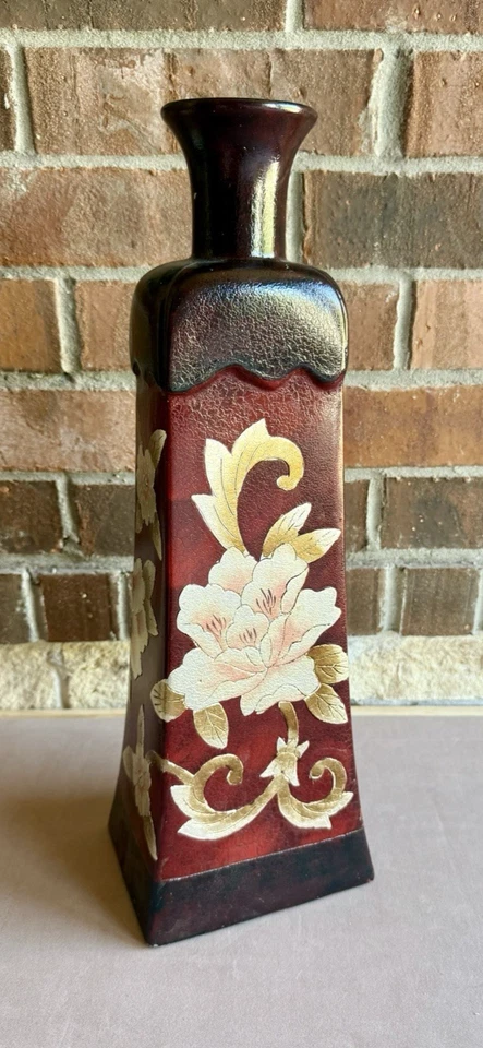Beautiful Tall Dark Red Gold Silver Floral Decorative Vase Square 18" - Image 1 of 4