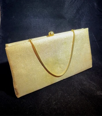 Vintage Gold Lame' Glam Clutch Evening Bag W/Snake Chain Strap - Image 1 of 4