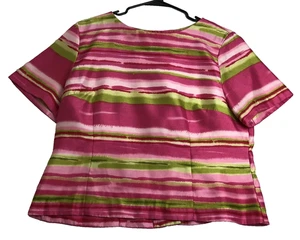 Sag Harbor Blouse Women's 16 Pink Green Abstract Short Sleeve Button Up Back Top - Picture 1 of 9