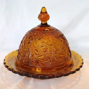 Indiana Glass Amber Round Butter Dish Cheese Domed Lid Tiara Sandwich Pattern - Picture 1 of 21