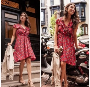 Maeve Anthropologie Rosalia Größe 8 Blumendruck Faux Wickel Rüschen Midikleid - Bild 1 von 13