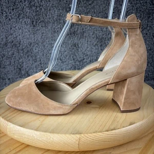 Ann Taylor Suede Pumps Womens 9 Beige Ankle Strap Block Heel Formal Dress Shoe - Picture 1 of 11