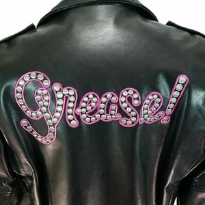 Giacca Moto GREASE Film Nera Vera Pelle Rosa Ricamata Donna L* - Foto 1 di 12
