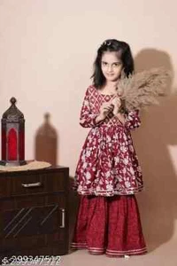 Conjunto para niñas Kurti Sarara tradicional indio para niños estampado con Dupatta - Imagen 1 de 6