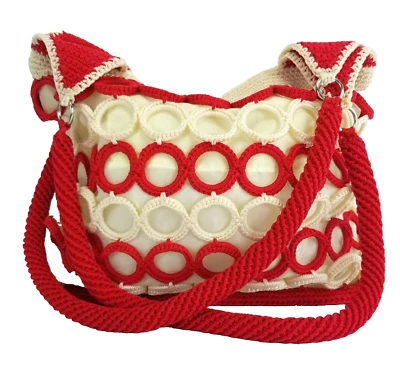 VTG Handmade Crochet Purse Shoulder Bag Lined Red White Rings Zip Pockets Boho - Image 1 of 4