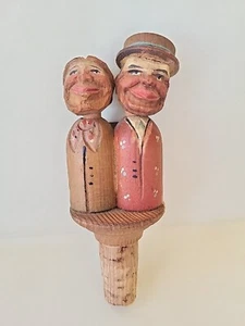 ANRI ITALY FOLK ART VINT 'KISSING COUPLE' HND CRVD/PNTD WOOD HEAD BOTTLE STOPPER - Picture 1 of 5
