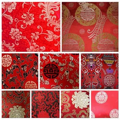 Faux Silk Brocade(Red Background)Jacquard Damask Kimono Fabric Material BL22-BY - Image 1 of 4