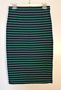 LOFT Petites Women's size SP PS Navy Blu /Green Striped Stretch Knit Midi Skirt - Picture 1 of 5