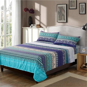 Boho Sheets Set Queen Size(4Pcs) Bohemian Bedding Colorful Striped Tribal Flora - Picture 1 of 12