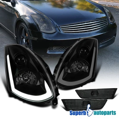 Fits 2003-2007 Infiniti G35 Coupe Black Smoke Projector Headlights+Side Marker Foto 1 de 4
