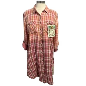 Aratta Silent Journey Plaid Floral Embroidered Button Up Shirt Sz M Boho Hippie - Picture 1 of 14