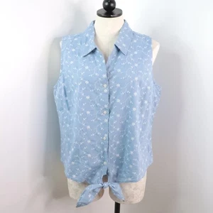 Sonoma Women's XL Blue Floral Embroidered Tie-Waist Button Retro Sleeveless Top - Picture 1 of 7