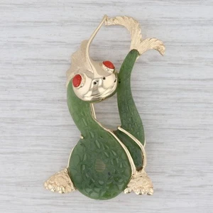 Grün Nephritjade Geschnitzter Drachen Brosche 14k Gelbgold Koralle Pin Asiatisch - Bild 1 von 4
